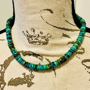 Vintage Turquoise Heishi Bead Necklace 16” Sterling Clasp 44g